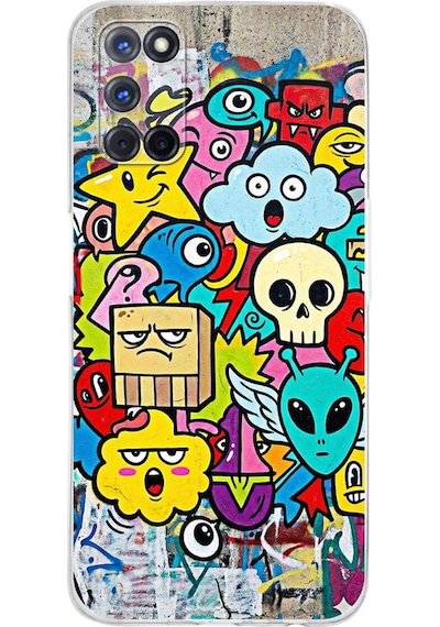 Oppo A52 İle Uyumlu Grafiti Doodle Tasarımlı Şeffaf Silikon Kılıf Şeffaf