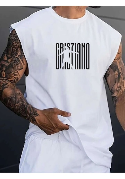 Futbol Karakter Baskılı Oversize Unisex Kolsuz Tişört Beyaz1