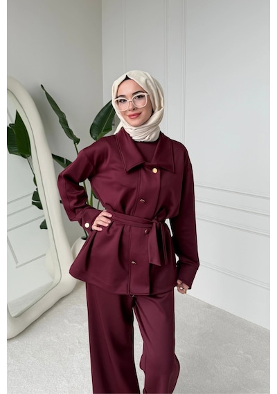 Mihran Butik Sophie Model Bel Kemer Ve Düğme Detaylı Kadın Takım Bordo Çok Renkli