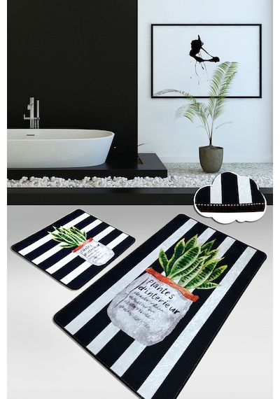 ALOEVERA 2 Li Set Banyo Halısı Paspas Yıkanabilir Kaymaz Taban Klozet Takımı Beyaz - Siyah