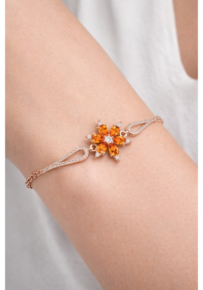 Çekirdekjewelry 925 Ayar Gümüş Turuncu Taşlı Çiçek Bileklik Pembe