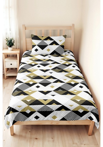 Siyah Geometrik Modern Genç Odası Tek Kişilik Pike Takımı-gold Beyaz 160x220cm Kapitone Yatak Örtüsü Dokulu İpek Anısı