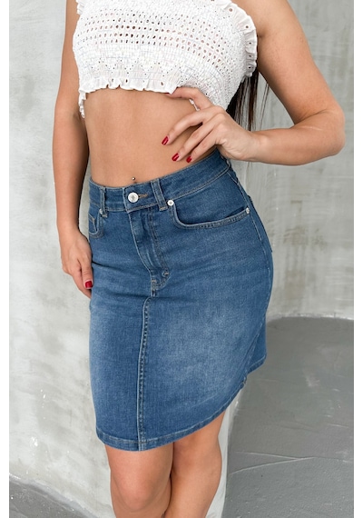 HLT Jeans Açık Mavi Kadın Regular Fit Yüksek Bel Orta Boy Denim Kot Etek Alice-4003 Açık Mavi