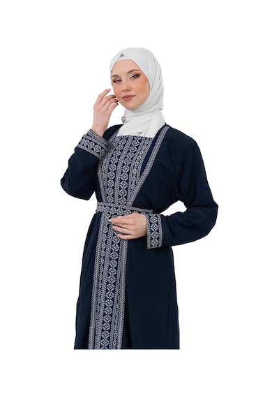 Zaytoon Nakışlı İç Elbiseli Ve Kemerli İki Parçalı Filistin Mirası Abaya Seti Lacivert