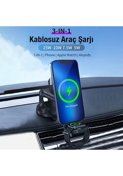 Ally Wireless Şarjlı 3in1 Torpido Üstü Ve Havalandırma Telefon Kulaklık Saat Tutucu- 5775