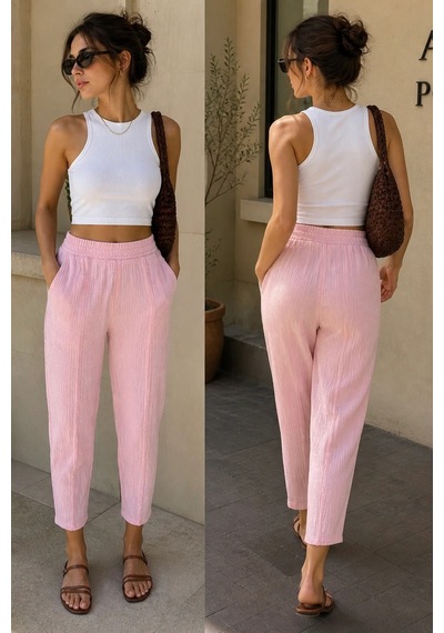Bbbutikbasic Kadın Müslin Havuç Kesim Rahat Pantolon My3535 Pembe