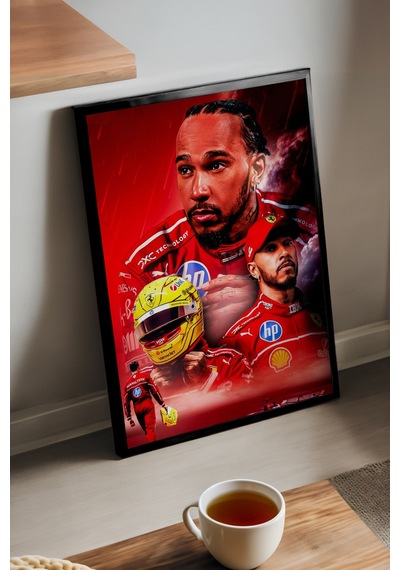 Lewis Hamilton Siyah Ahşap Çerçeveli Poster, Dekoratif Formula 1 Duvar Tablosu