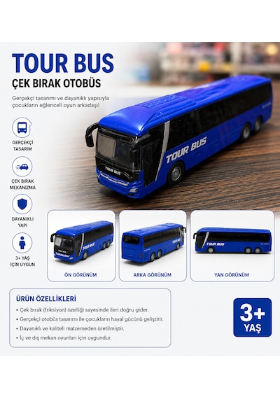Çek Bırak Tour Bus Oyuncak Otobüs 15 Cm Mavi