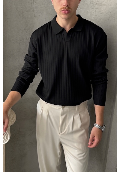 Erkek Polo Yaka Fitilli Oversize Triko Kazak Siyah