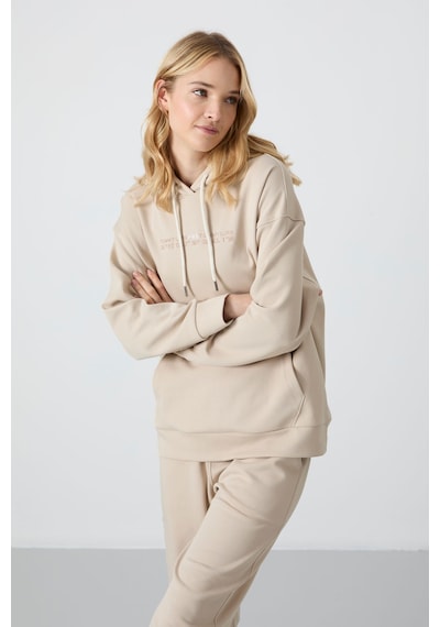 Tommy Life Bej Kapüşonlu Kanguru Cep Oversize Lastik Paça Kadın Eşofman Takımı - 95288 Bej