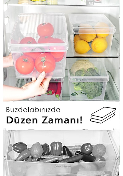2 Adet Kapaklı Dolap İçi Buzdolabı Düzenleyici - Organizer Sepet Meyve Sebze Saklama Kabı 8 Lt Şeffaf