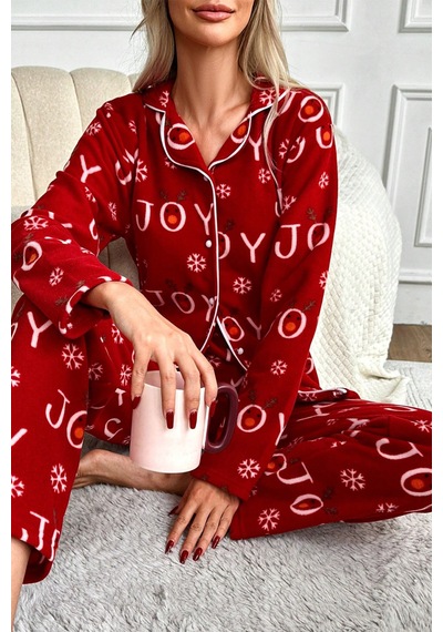 Nisanca Kışlık Yılbaşı Desenli Kadın Gömlek Polar Pijama Takımı- Geyikli Yılbaşı Pijaması Kırmızı