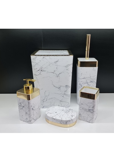 Akrilik Gold Çizgi Siyah Mermer Soft 5'Li Kare Banyo Seti Siyah
