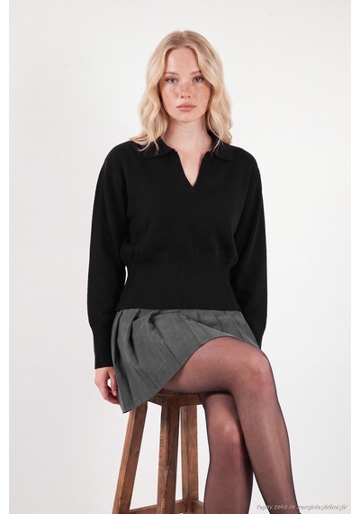 Lela Yumuşak Dokulu Regular Fit Polo Yaka Kazak Kadın Kazak 680kz00163 Siyah