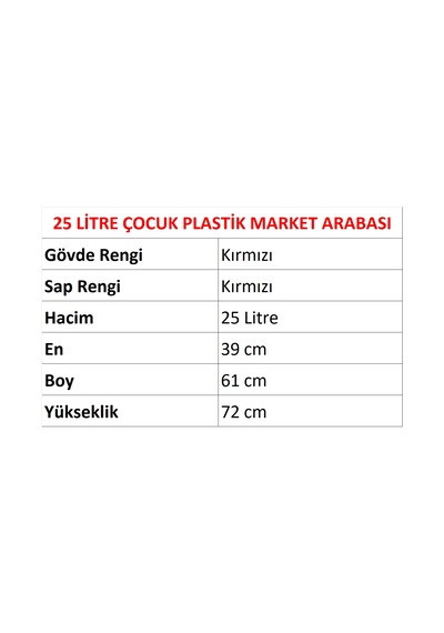 25 Litre Kartal Plastik Çocuk Market Alışveriş Arabası Kırmızı / En:39 Boy:61 Yükseklik:72 Cm