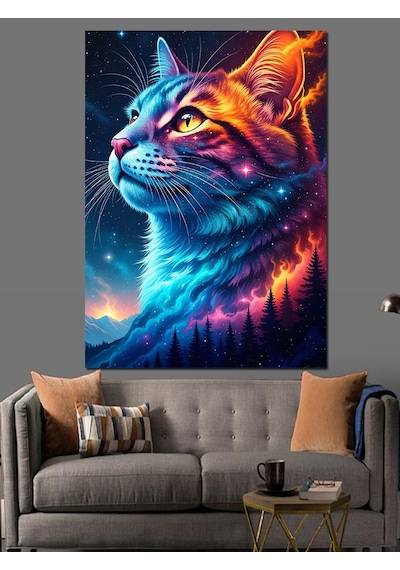 Ahşap Tablo Renkli Uzaylı Kedi Portresi
