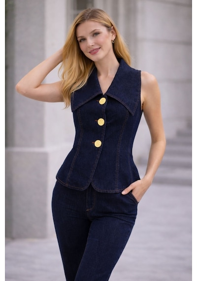 Hiramir Kadın Gold Düğme Detaylı Yelekli Denim Kot Takım Yz2613 Lacivert