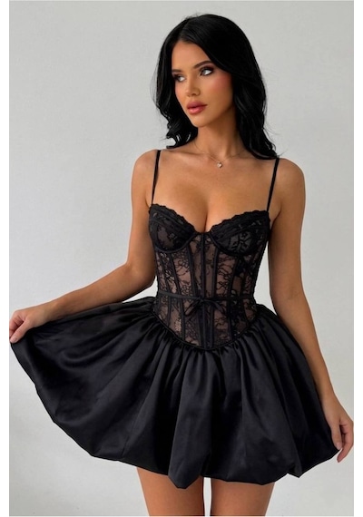 Wellway Beauty Tafta Ve Dantel Kumaş İçi Astarlı Bolero Ve Mini Balon Etek İkili Takım-6114 Siyah