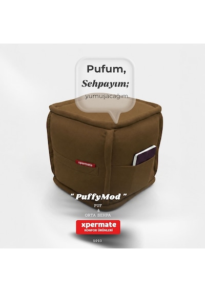 Dekoratif Kare Puf Orta Sehpa Ayak Uzatma Puf 40x40x42 Cm Puffymod Kahverengi