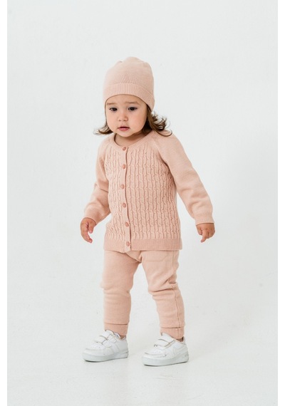 Babyhola Unisex Triko Saç Örgülü Alt Üst Bere 3'lü Takım 22108 Pembe