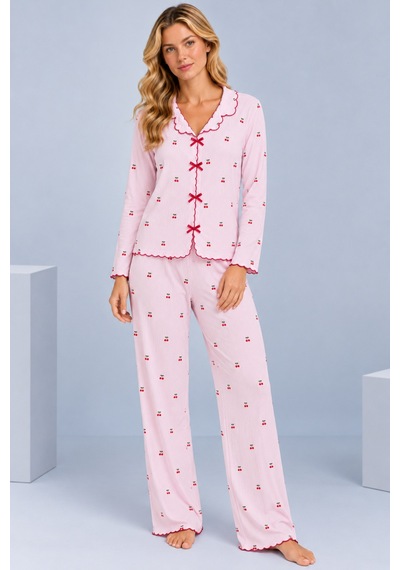 Pijamask Kadın Desenli Fiyonk Detaylı Düğmeli Uzun Kollu Müslin Pijama Takımı Pembe