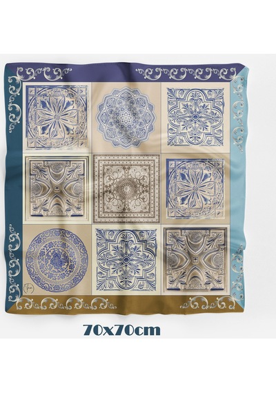 Çini Sırrı Desen 70 70cm Bandana/fular Mavi