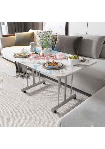 Metal Ayaklı Tekerlekli Ekonomik Orta Sehpa 70 X 110 Cm Beyaz Mermer Beyaz Mermer