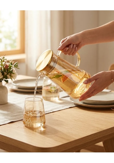 Premium Borosilikat Cam Gold Sürahi 1.9 L Isıya Dayanıklı Çay & Detoks Sürahisi
