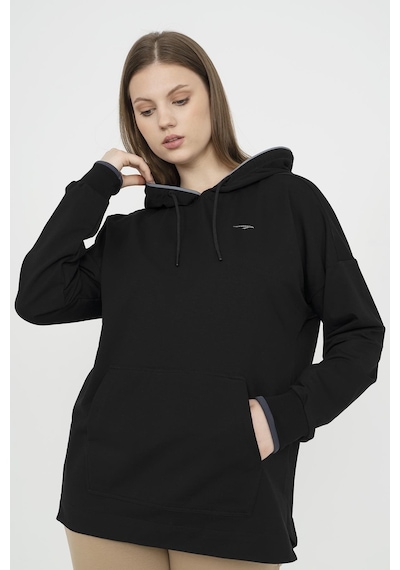 Maraton Sportswear Büyük Beden Kadın Kapşonlu Uzun Kol Basic Siyah Sweatshirt 21169-siyah