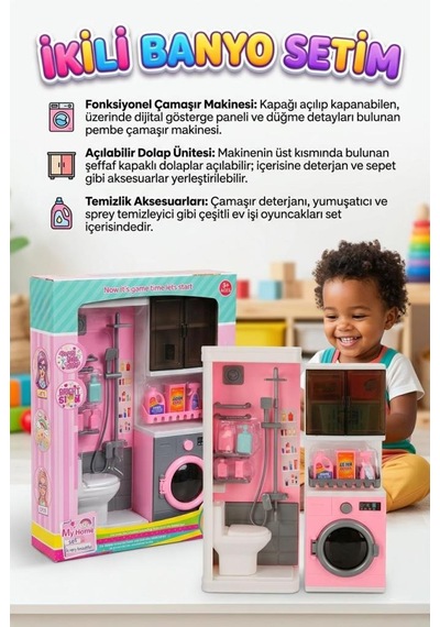 2'li Banyo Setim Kapakları Açılan Çamaşır Makineli Duşakabinli Ve Temizlik Malzemeli Oyuncak Seti 1