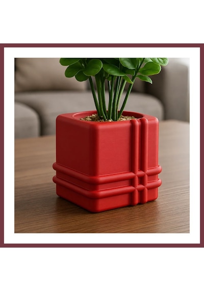 Storeşahin 3d Baskı Square Planter - Izgara Desenli Küp Saksı-kırmızı Shn0720