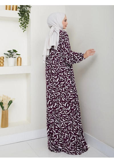 Nevayla Moda Desenli Önü Büzgülü Viskon Elbise - Mor / E0131 Mor