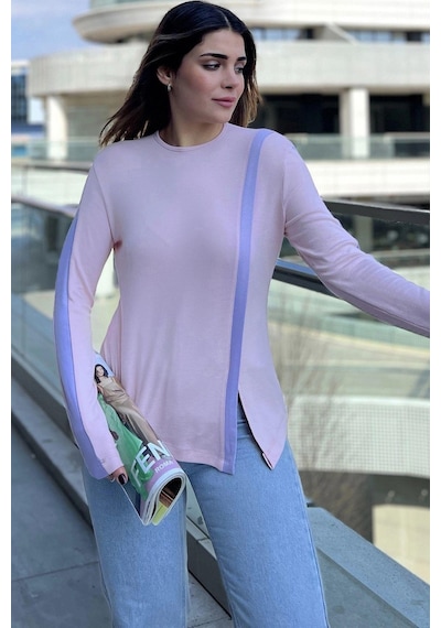 WeShaya Kadın Pembe Yuvarlak Yaka, Uzun Kol, Şerit Detaylı, Yırtmaçlı Rahat Bluz Pembe