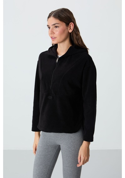 Tommy Life Siyah Kalın Yumuşak Dokulu Kapüşonlu Oversize Nakışlı Polar Kadın Sweatshirt -97286 Siyah