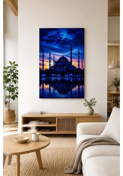 Sultanahmet Camii Baskılı Cam Tablo Mavi Akşam Uv Baskı Duvar Dekoru