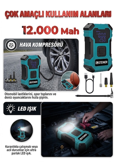 Steiner 12.000 Mah Dijital Ekranlı Kablosuz Lastik Hava Pompası Şarjlı Hava Kompresörü Powerbank Led Işık Mavi 1200mah - 25x5.6x4.7cm