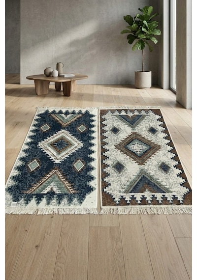 Etnik Desenli Makinede Yıkanabilir Kilim Çift Taraflı Pratik Ve Günlük Kullanıma Uygun Kilim Renkli