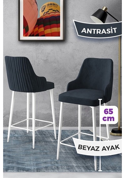 Canisa Tera Serisi 2 Antrasit Sandalye 65 Cm Ada Mutfak Bar Sandalyesi Babyface Kumaş Beyaz Metal Ayaklı Sandalyeler Antrasit Ayaklar Beyaz