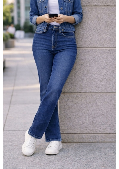 Cedy Denim Kadın Boru Paça Yüksek Bel Regular Fit Likralı Pantolon Mavi