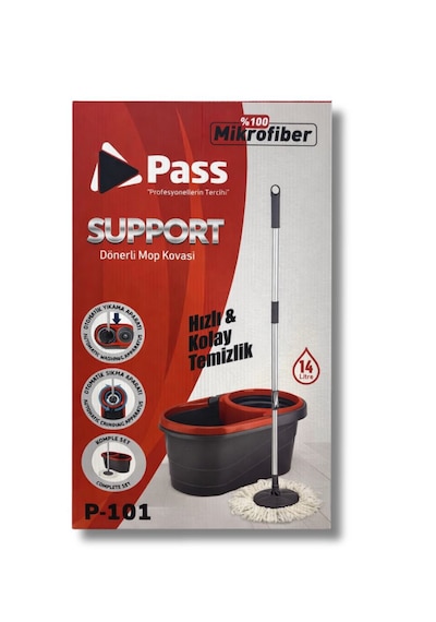 Pass 14 Litre Dönerli Mop Kovası Seti Ayarlanabilir Özellikli 5 Parça Microfiber Temizlik Seti