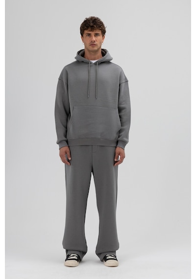 Vamos Basic Oversize Kapüşonlu Sweatshirt Füme