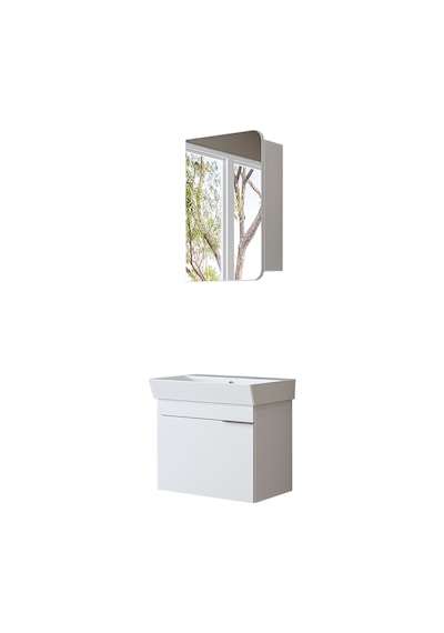 Likya Lavabolu Banyo Dolabı Takımı, Mdflam Tek Kapaklı Lavabolu 59 Cm Banyo Alt Dolabı + Üst Dolabı Beyaz
