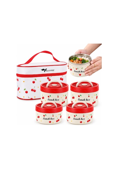 Valkyrie 4 Katlı Kirazlı Yemek Termosu 2040 Ml 304 Paslanmaz Çelik Lunch Box Isı Yalıtımlı Çantalı Kırmızı