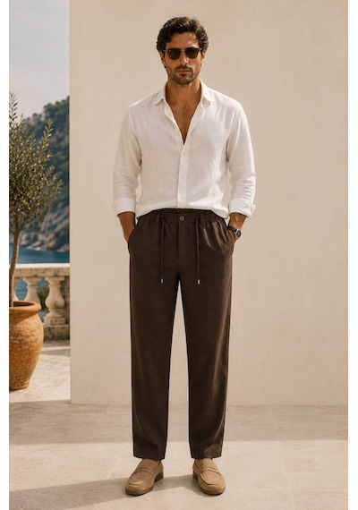 Danger Erkek Pamuk Viskon Kumaş Keten Görünümlü Kahverengi Slim Fit Pantolon - 216dngr