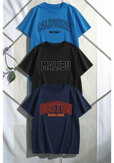 Uyguntarz Unisex Mavi Siyah Lacivert 3'lü Tasarım Tshirt Seti Çok Renkli