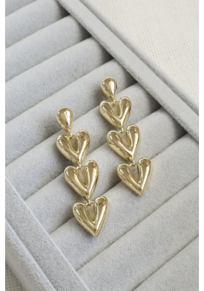 Kadın Küpe Kararmaz 14k Renk Vip Seri Üç Kalp Sallantı 6 Cm Küpe Altın
