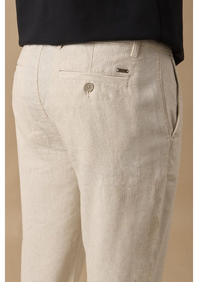 Braccas Erkek Bej Slim Fit Keten Karışımlı Çizgili Pantolon Bej