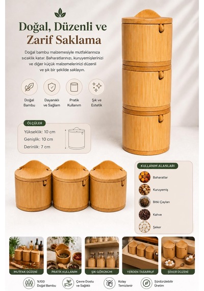 3'lü Kaşıklı Bambu Baharatlık Seti Kapaklı Saklama Kabı Kahve Şeker Tuz Kuruyemiş Organizer Şekerlik
