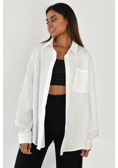 Madmext Beyaz Oversize Basic Cepli Poplin Gömlek Mg1530 Beyaz