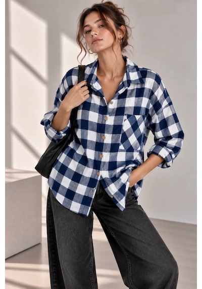 Bb Butik Basic Kadın Ekose Gömlek Oversize Oduncu Gömlek Uzun Kollu Cepli Günlük Tr0935 Lacivert